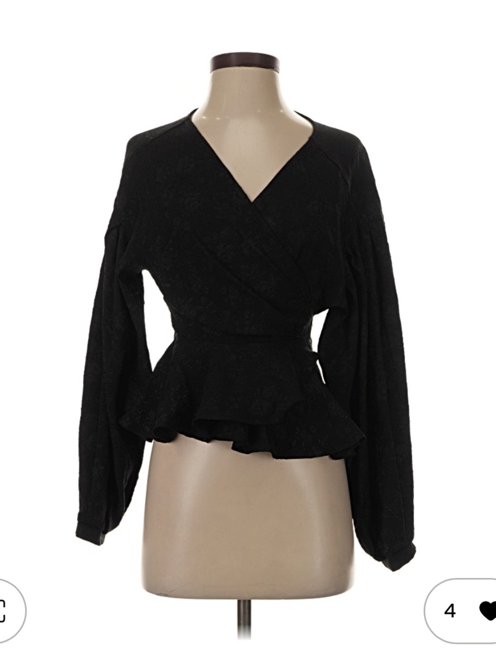 Black Wrap Peplum Blouse with Long Balloon Sleeves